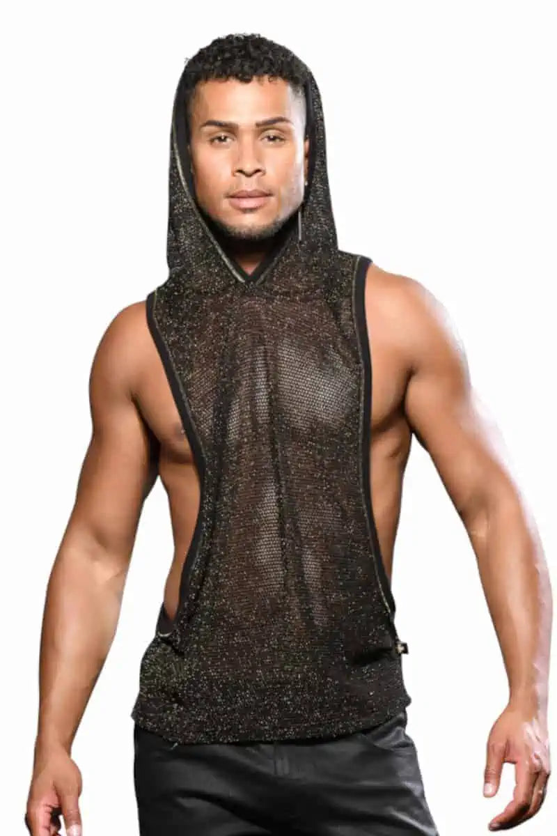 Andrew Christian Golden Mesh Mens Gym Hoodie Black / Gold His Fetish