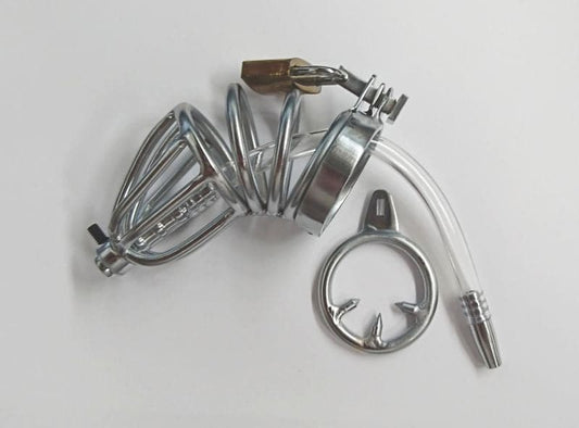 Chastity Device with Cock Ring and Catheter Tube - Male Chastity