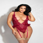 Seven Til Midnight Eyelash Lace Teddy with Thong Back and Removable Garters Queen Teddies and Bodysuits