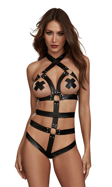 Dream Girl Strappy Faux Leather Womens Teddy Black Her Fetish