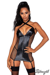 Dreamgirl Stretch Faux Leather and Fishnet Garter Slip and G-String Her Fetish