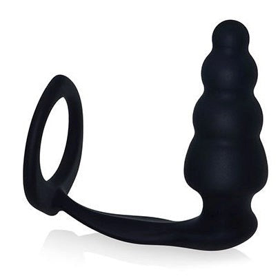 Combo Master Cockring Plug Black - Stretchy Cock Rings