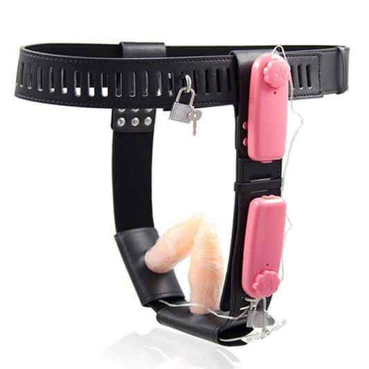 Female Chastity Belt With Double Vibration Plug - Male Chastity