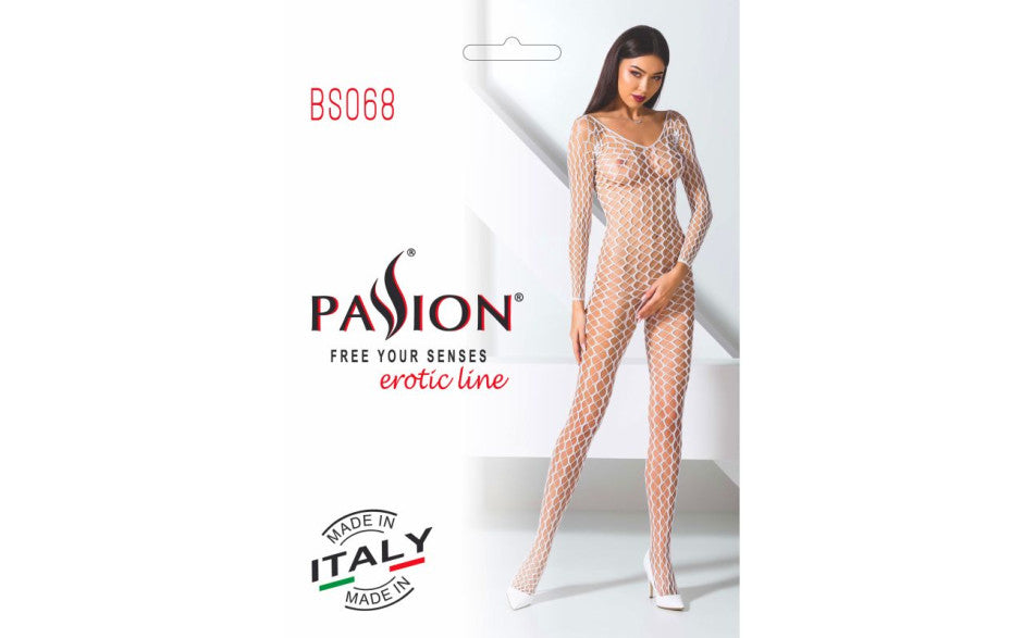 Passion Lingerie Ribbed Mesh Quality Bodystocking BS068 One Size White Body Stockings