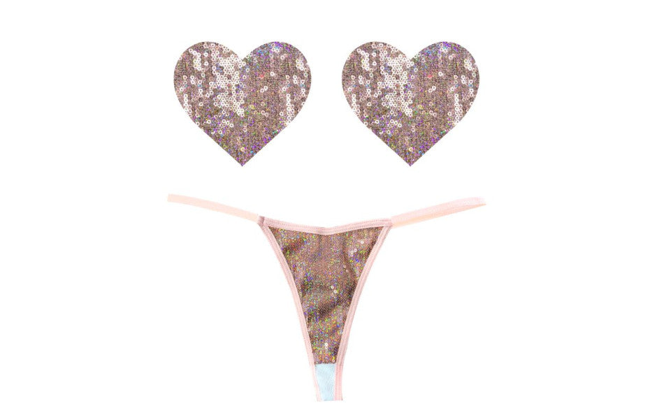 Neva Nude Bubbly Feels Nude Sequin Pantie & Heart Shapes Pastie Set G-Strings, Panties and Shorts