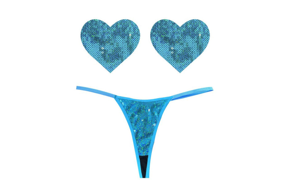 Neva Nude Mahi Mahi Blue Sequin G String & Heart Shapes Pastie Set G-Strings, Panties and Shorts