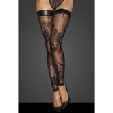 Noir Handmade Tulle Stockings With Patterned Flock Embroidery and Power Wetlook Band Black Her Fetish