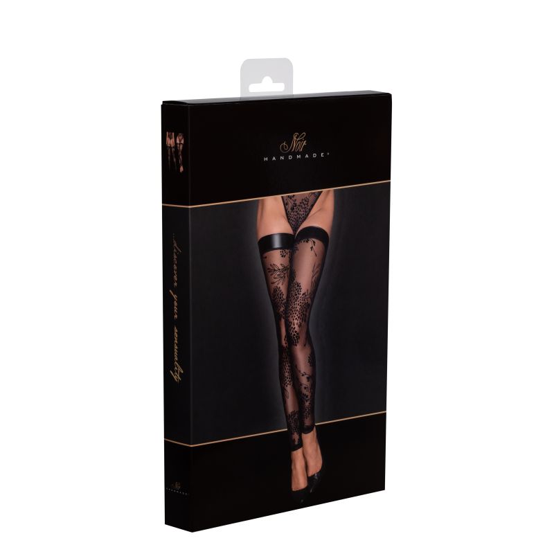 Noir Handmade Tulle Stockings With Patterned Flock Embroidery and Power Wetlook Band Black Her Fetish