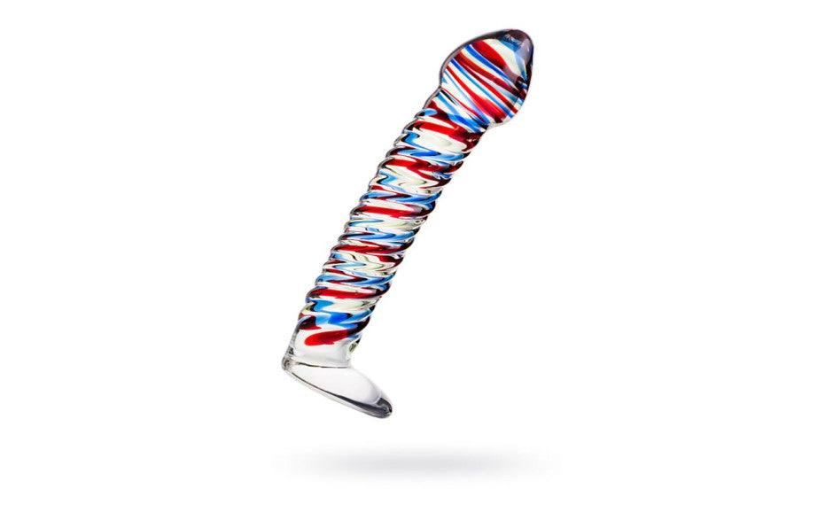 Sexus Glass Dildo Stripes With Base 16cm Blue & Red Glass Sex Toys