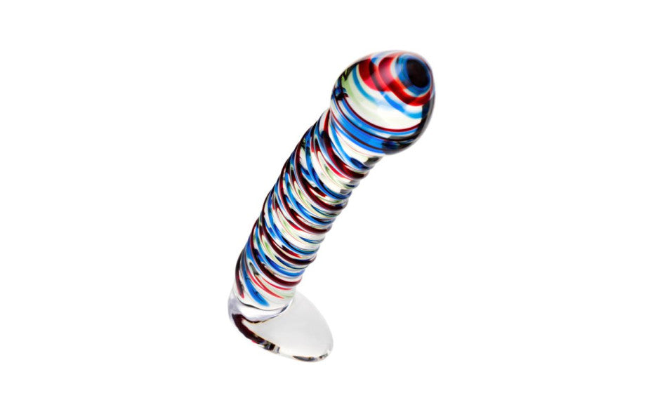 Sexus Glass Dildo Stripes With Base 16cm Blue & Red Glass Sex Toys