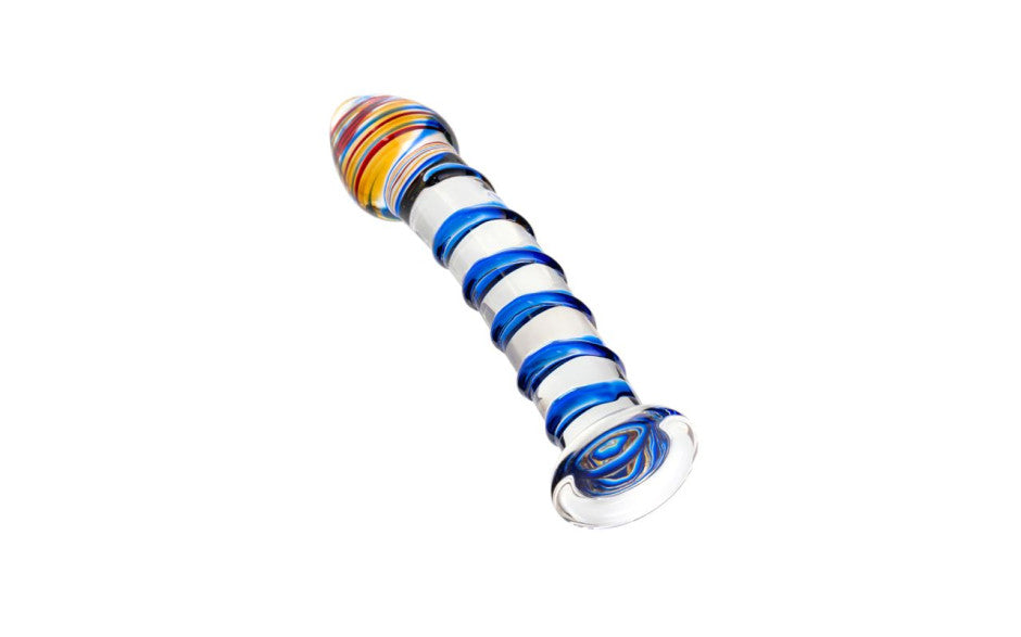 Sexus Unisex Glass Dildo With Suction Cup Blue Swirls 18cm Glass Sex Toys