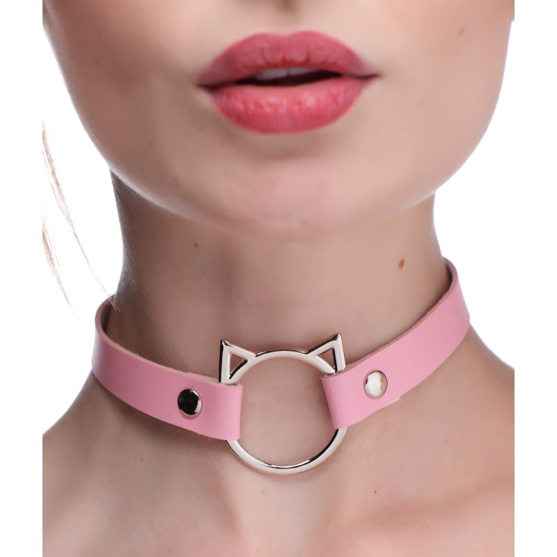 Master Series PU Leather Kinky Kitty Ring Slim Choker Collars and Leads