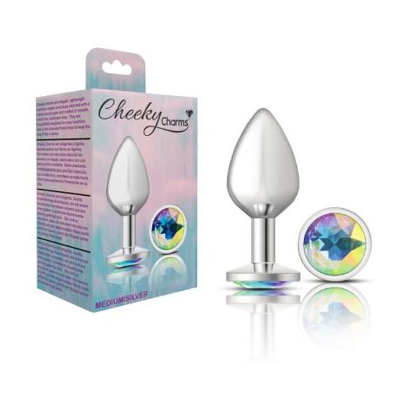 Cheeky Charms Silver Round Butt Plug With Clear Iridescent Jewel Butt Plugs