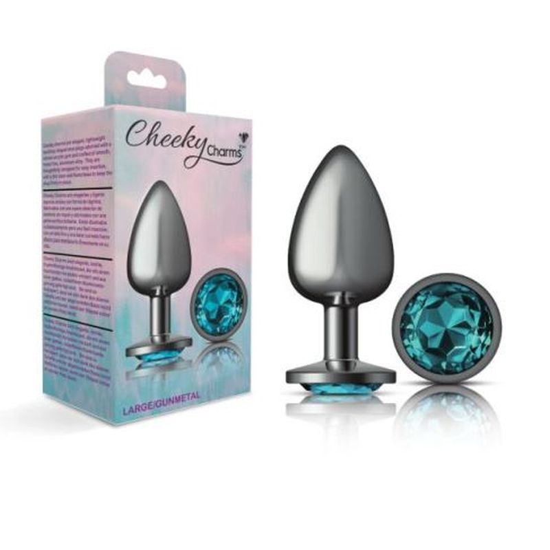 Cheeky Charms Gunmetal Round Butt Plug With Teal Jewel Butt Plugs