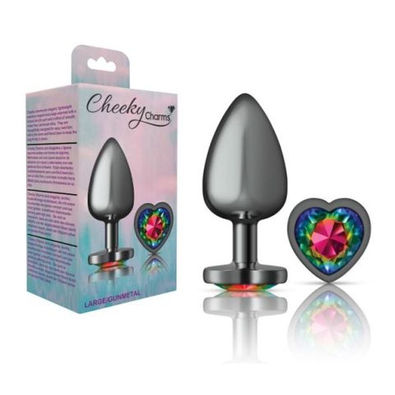 Cheeky Charms Gunmetal Butt Plug With Heart Rainbow Jewel Butt Plugs