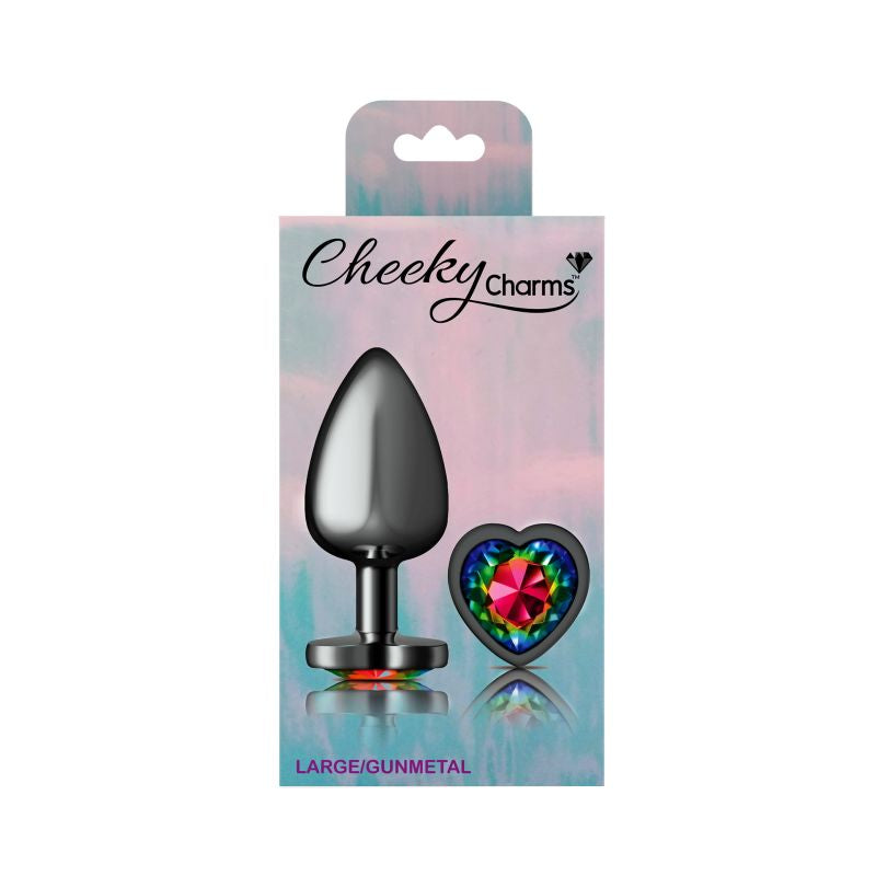 Cheeky Charms Gunmetal Butt Plug With Heart Rainbow Jewel Butt Plugs
