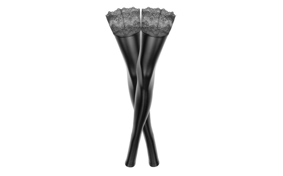 Noir Handmade Power Wetlook Womens Stockings With Siliconed Lace Her Fetish