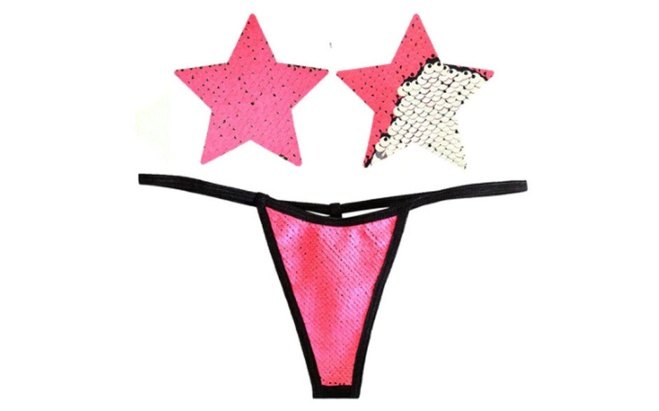 Neva Nude Bitchin Neon Pink & Silver Blacklight Sequin Pastie & Panty Set G-Strings, Panties and Shorts