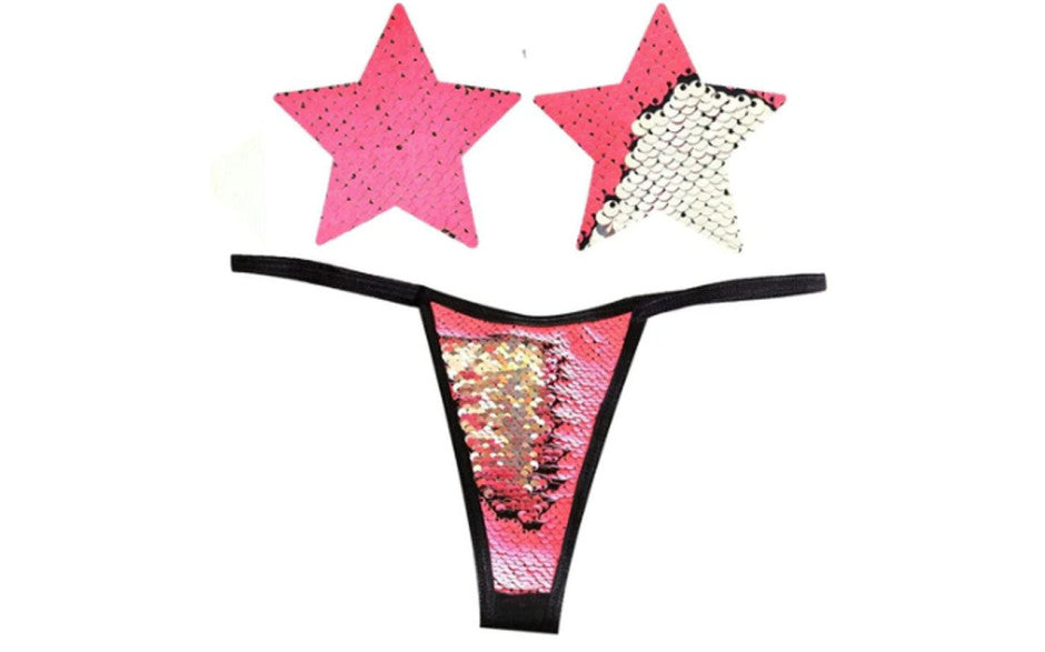 Neva Nude Bitchin Neon Pink & Silver Blacklight Sequin Pastie & Panty Set G-Strings, Panties and Shorts
