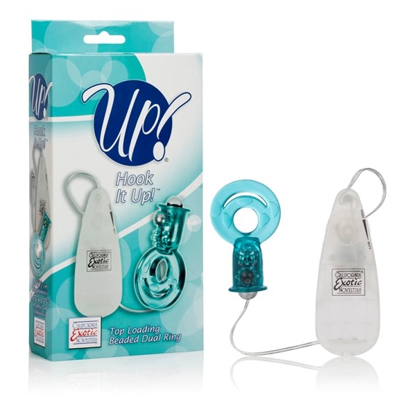 Up! Hook It Up Top Loading Beaded Dual Cock Ring Teal Cock Rings