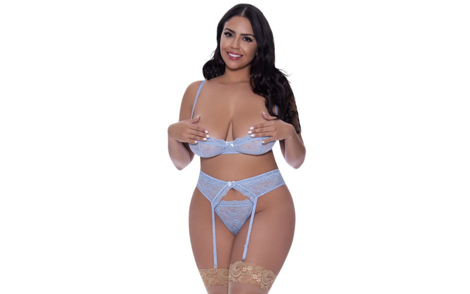 Exposed Lingerie Demi Bra Garter and Thong Set Blue Bras and Bra Sets