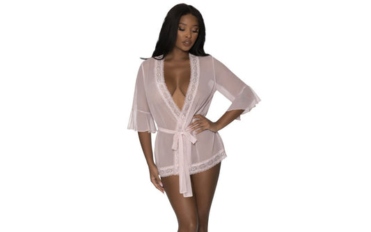 Exposed Lingerie Robe with Lace Trim Blush - Kimono's and Gowns