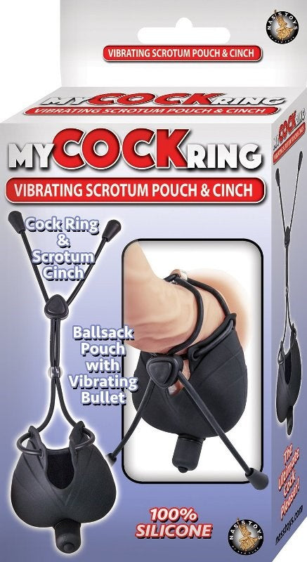 Vibrating Scrotum Pouch with Cinch Stretchy Cock Rings