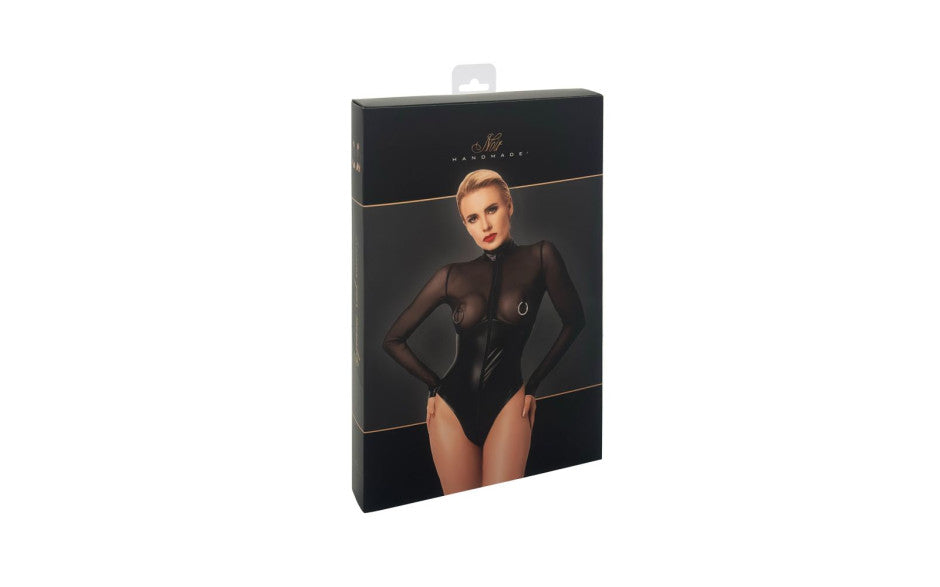 Noir Handmade Edge Wetlook and Mesh Bodysuit With Rings Black Her Fetish