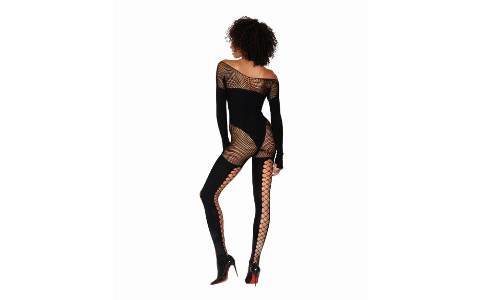 Dreamgirl Lingerie Seamless Opaque & Fishnet Bodystocking Black Body Stockings