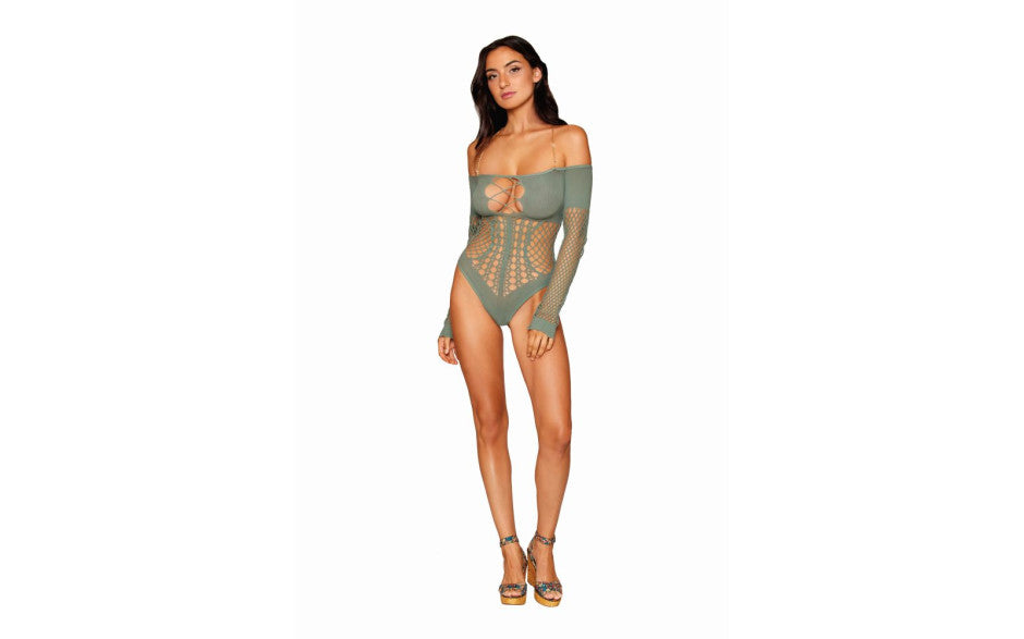 Dreamgirl Lingerie Seamless Long Sleeve Teddy With Removeable Gold Halter Chain Sage Teddies and Bodysuits