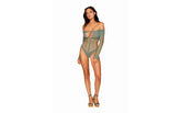 Dreamgirl Lingerie Seamless Long Sleeve Teddy With Removeable Gold Halter Chain Sage Teddies and Bodysuits