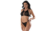 Exposed Lingerie Mesh Sequin Halter Bra, Skirt and Women Thong Set Black Bras and Bra Sets