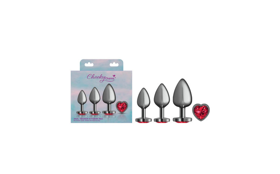 Cheeky Charms Round Metal Butt Plug Gunmetal 3 Piece Kit With Dark Red Heart Jewel Butt Plugs