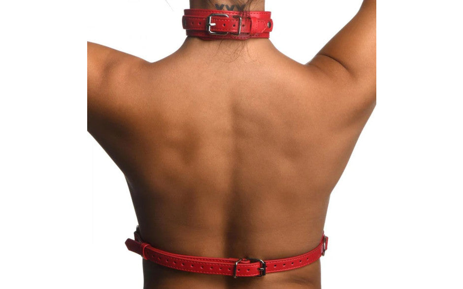 Strict Vegan Leather Female Chest Harness Red Cuffs And Restraints