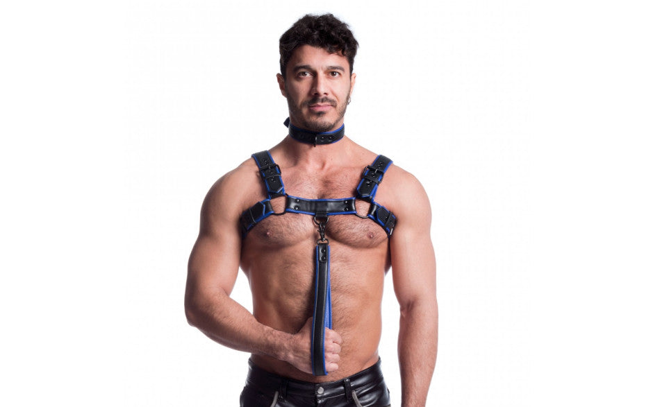 Sport Fucker Vegan Bulldog Bondage Harness Black and Blue Cuffs And Restraints