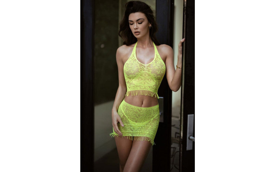 Killer Legs 3 Piece Eyelash Lace Crop, Skirt and Thong OS Bras and Bra Sets