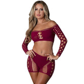 Exposed Lingerie Stella Womens Crop Top And Short Set OS Burgundy G-Strings, Panties and Shorts