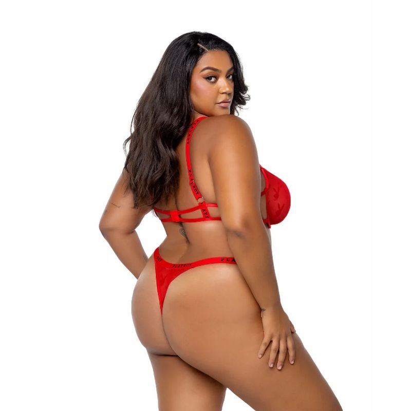 Playboy Rouge Bunny 2 Piece Bra and Panty Set Red Flock Bras and Bra Sets
