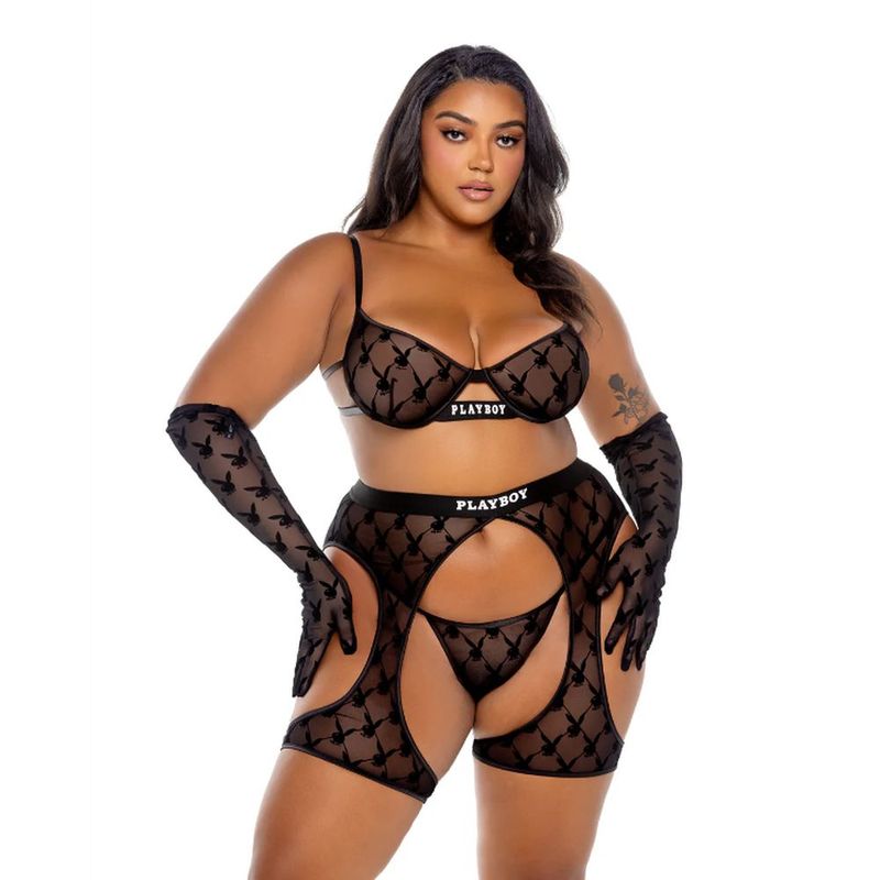 Playboy Flocked Bunny Chaps 3 Piece Lingerie Set Black Bras and Bra Sets