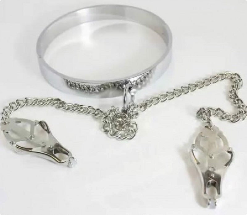 Dominate Your Desires - Breast Teasing Metal Collar & Clover Clamps Collars and Leads