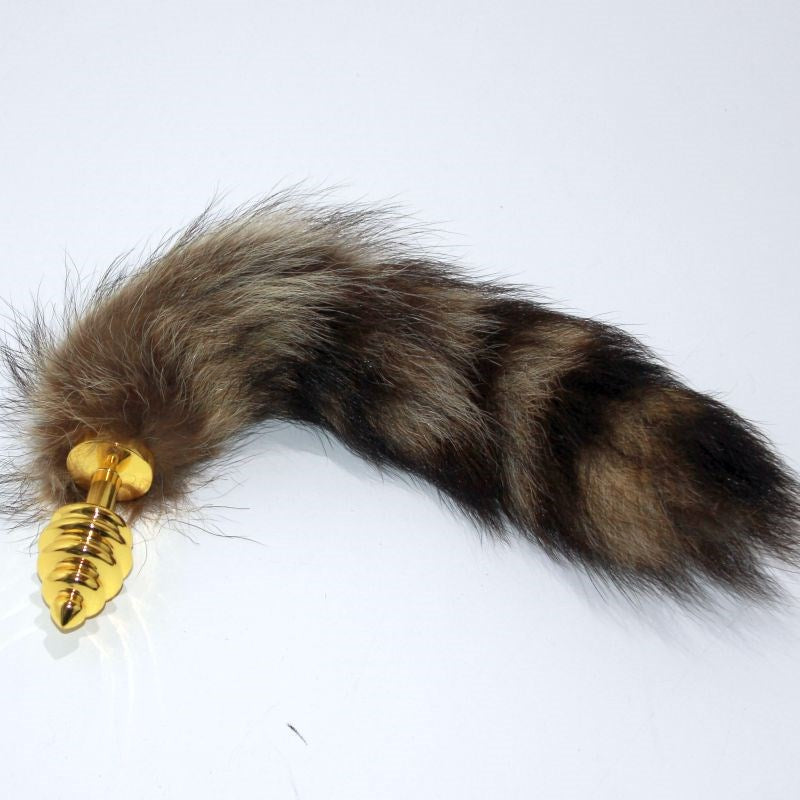 Brown Faux Fox Tail Gold Ribbed Butt Plug Steel Sex Toys