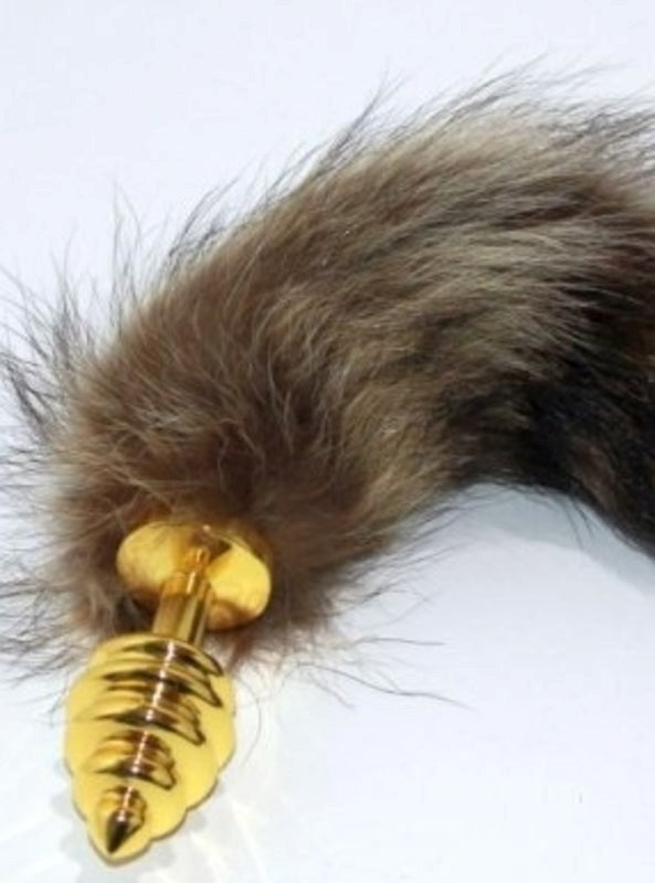 Brown Faux Fox Tail Gold Ribbed Butt Plug Steel Sex Toys