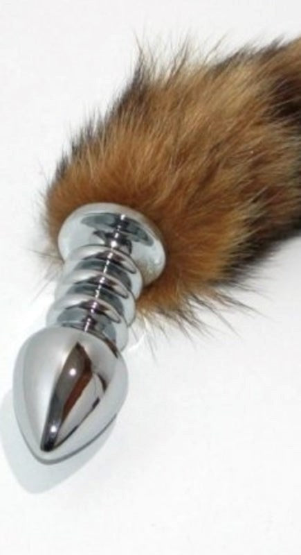 Brown Faux Fox Tail Ribbed Silver Butt Plug Steel Sex Toys