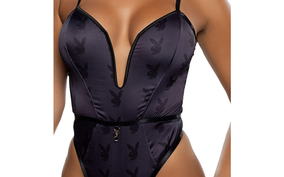 Playboy Blackout Bunny Sexy Womens Romper Black Teddies and Bodysuits