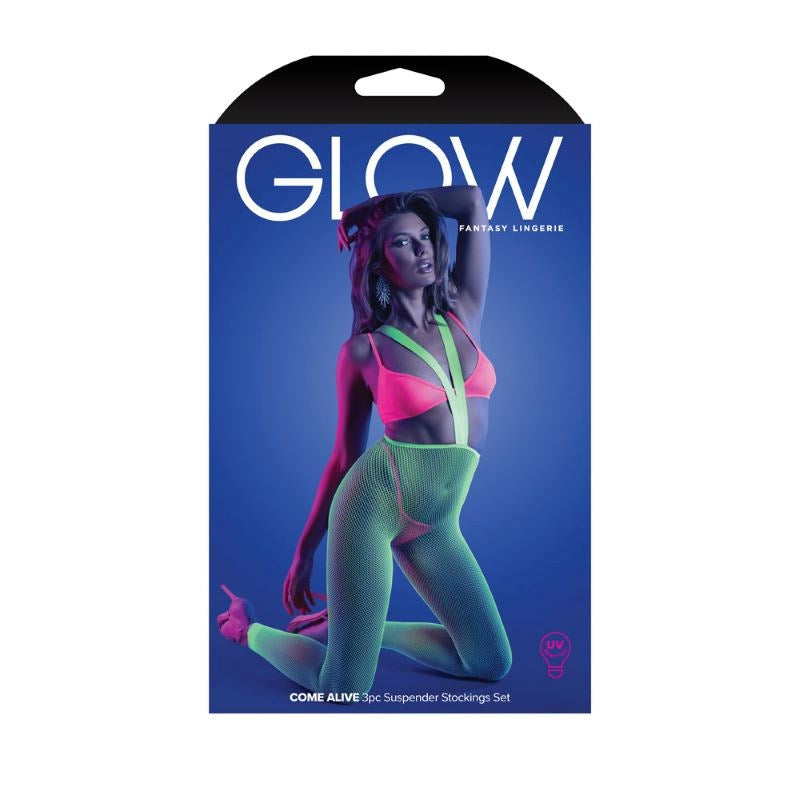 Glow Come Alive 3pc Suspender Stockings Set- 1size Hosiery