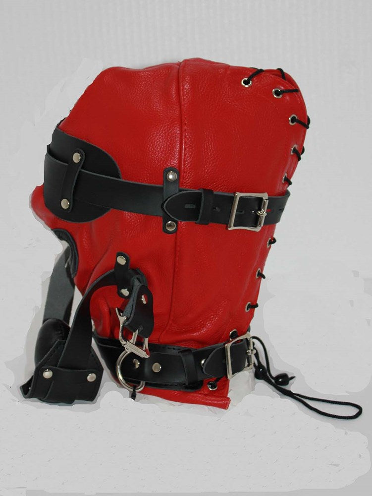 Hellish Red With Black Slave Hood & Blindfold Leather Bondage Hoods