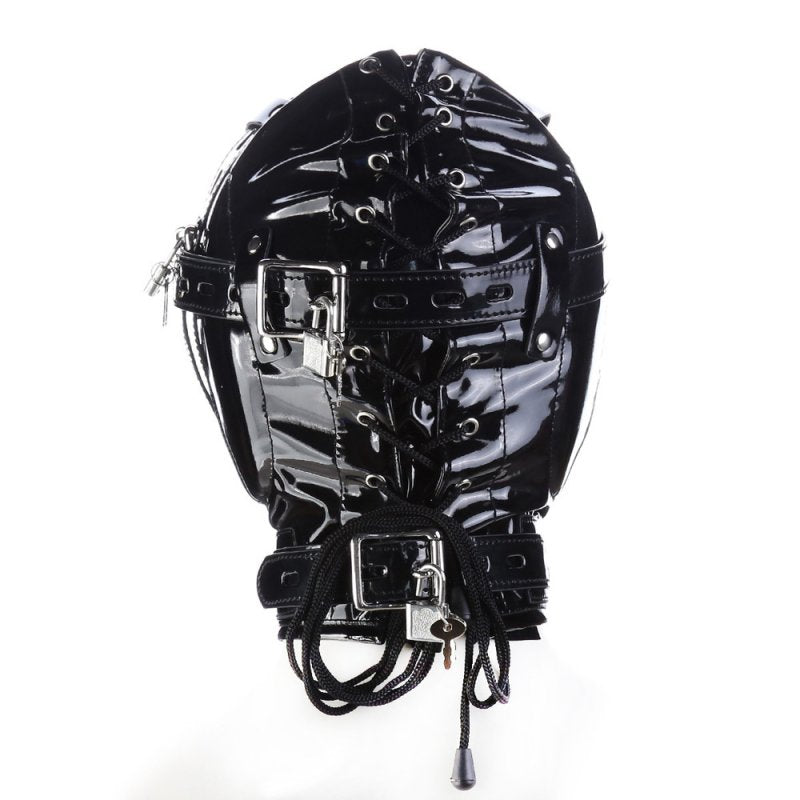 BDStyle Blindfolded Hood With Mouth Hole Bright Black Bondage Hoods