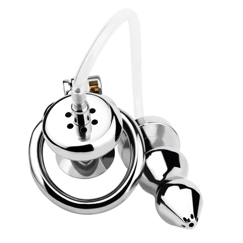 BDStyle Stainless Steel Male Chastity Cage With Enema Butt Plug Medium Male Chastity