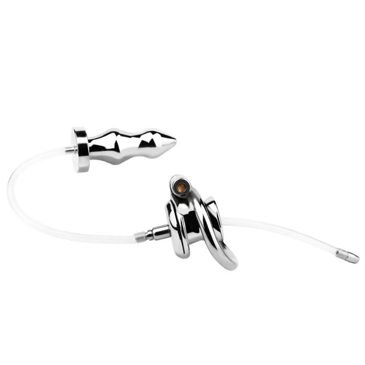BDStyle Stainless Steel Male Chastity Cage With Enema Butt Plug Medium Male Chastity