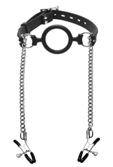 Mutiny Silicone O-Ring Gag With Nipple Clamps Nipple and Clit Clamps